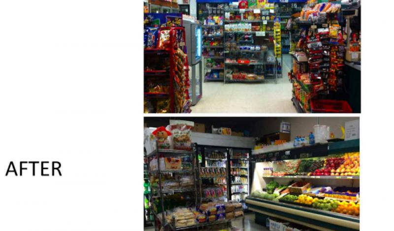 Before of a store display with snacks and an after photo with produce