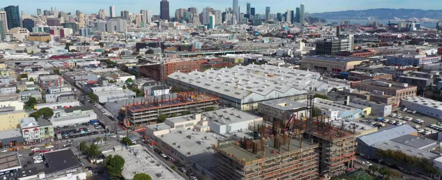 Aerial over the Mission with construction happening