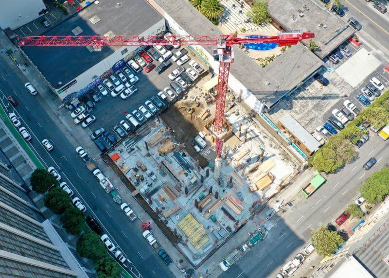 Aerial view of a construction site in the Tenderloin