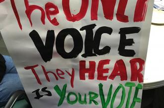 Hand-painted sign reading "The Only Voice They Hear is Your Vote"