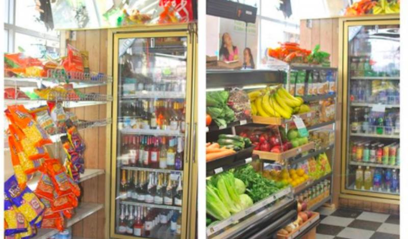 Before of a store displace with snacks and an after photo with produce