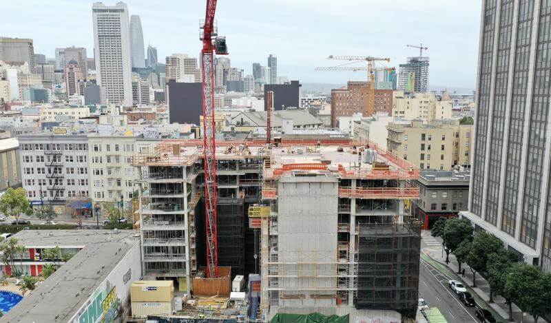 aerial shot of 555 Larkin under construction from the side 