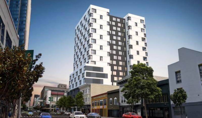 rendering of an 18-story high rise affordable housing building