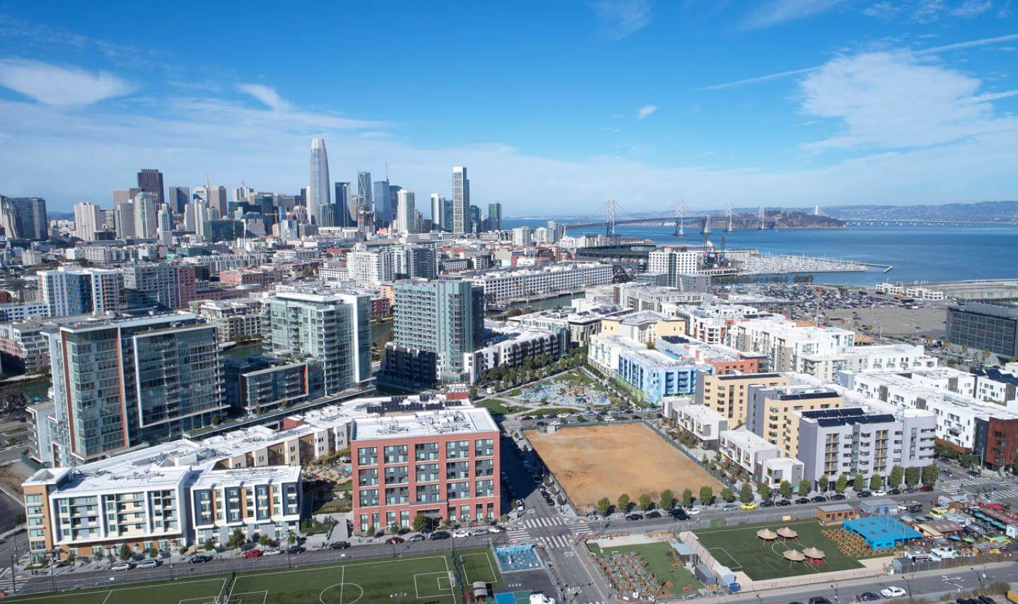 Aerial view from Mission Bay in San Francisco showing the Bay Bridge 