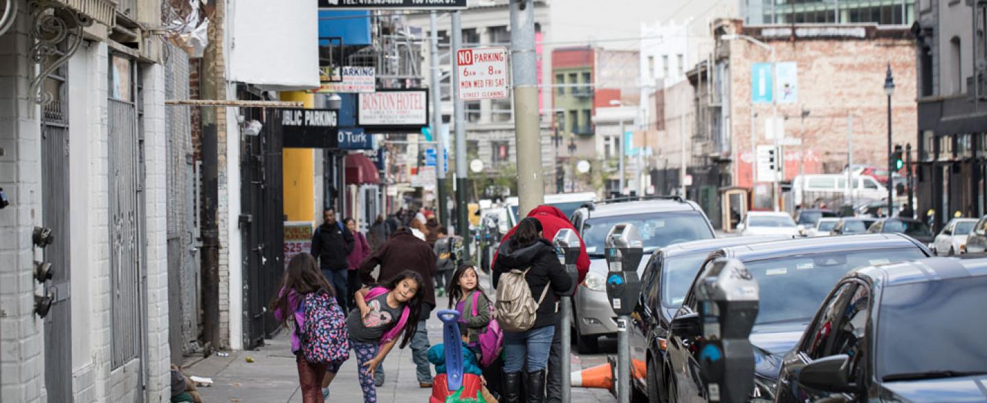 Turk street in the Tenderloin, backs of a family walking