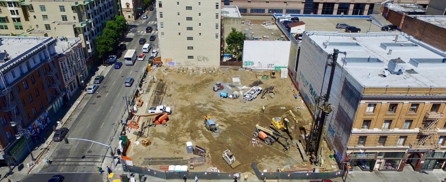 An aerial view of a construction site, Future site of 222 Taylor 