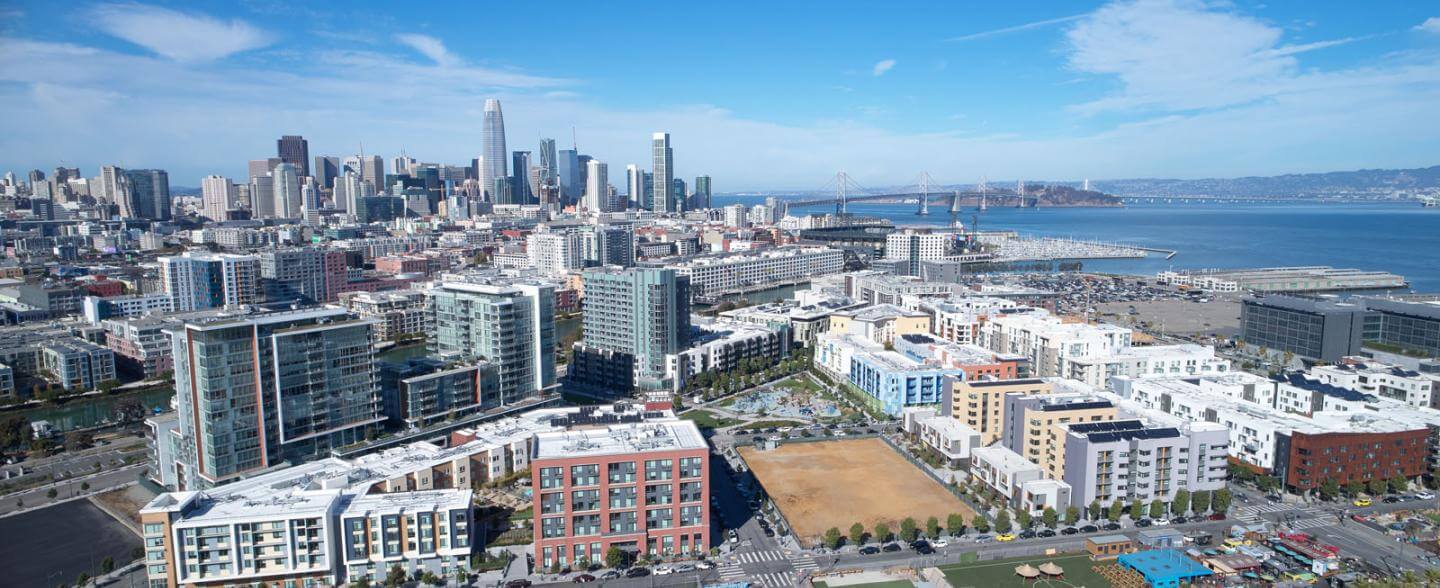 Aerial view from Mission Bay in San Francisco showing the Bay Bridge 