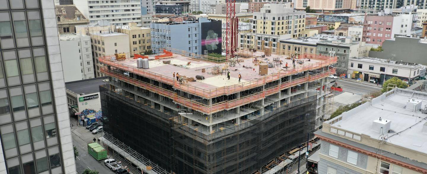 aerial photo of 555 Larkin, a multi-storied building under construction