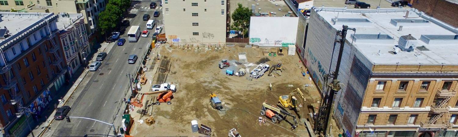 An aerial view of a construction site, Future site of 222 Taylor 