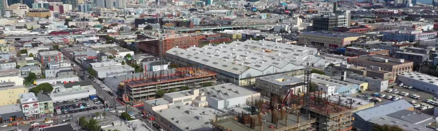 Aerial over the Mission with construction happening