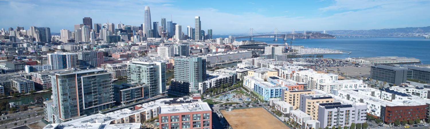 Aerial view from Mission Bay in San Francisco showing the Bay Bridge 