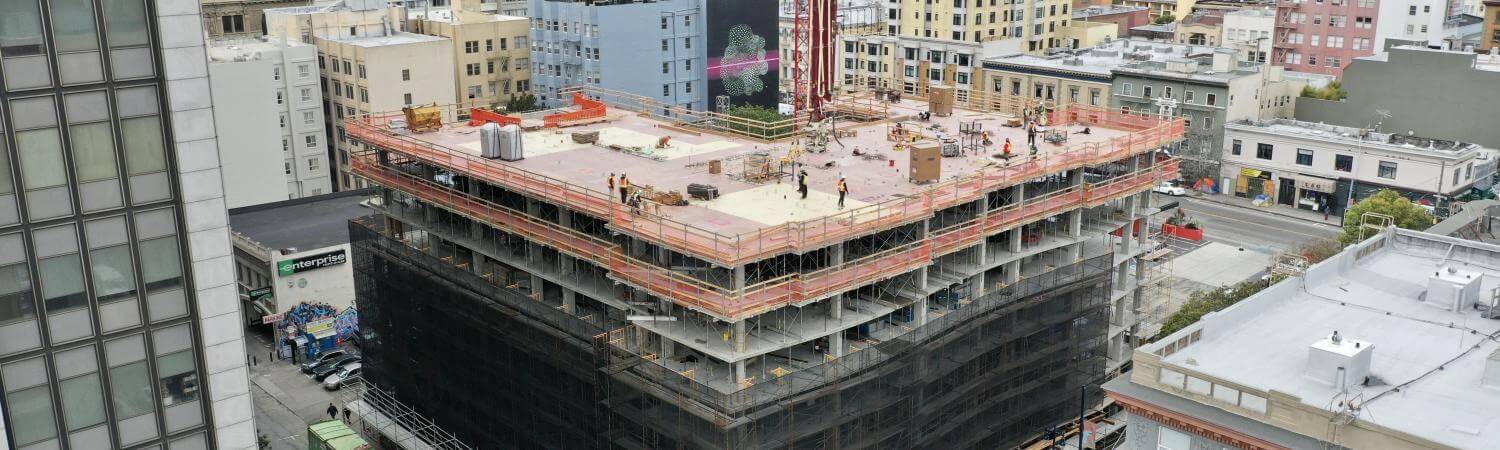aerial photo of 555 Larkin, a multi-storied building under construction