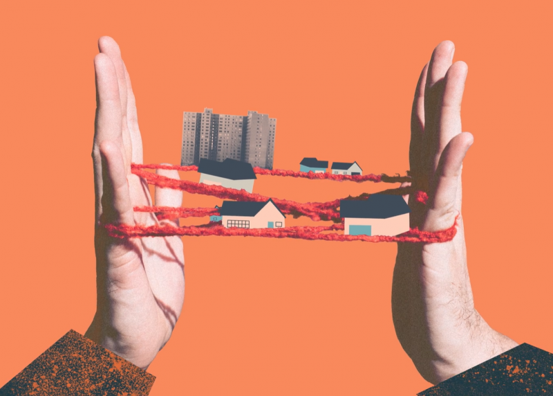 A mixed-media image of hands with strings holding up homes 
