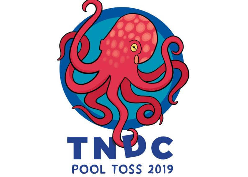 Cartoon of a pink-red octopus with one leg in the word TNDC 