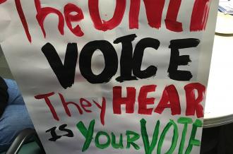 Hand-painted sign reading "The Only Voice They Hear is Your Vote"