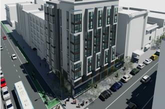 Rendering of mixed-us building with 70 units