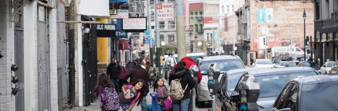 Turk street in the Tenderloin, backs of a family walking